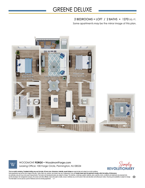 Floor plan for 2 beds, 2 baths, 1270 sqft